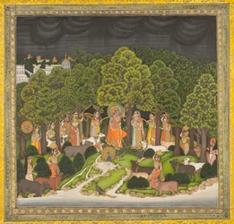 Radha en Krishna ontmoeten elkaar in het bos tijdens een storm, ca. 1770