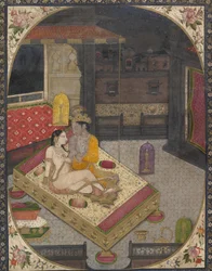 Radha en Krishna op een bed 