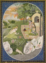 Rama, Sita en Lakshmana in het bos, pagina uit de Ramayana-verhalen van God Rama