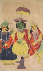 Rama en Sita op de troon met Lakshmana en Hanuman aanwezig, 1800s