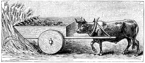 Reconstructie van maaimachine gebruikt in Gallië in de Oud-Romeinse tijd, zoals beschreven door Plinius, ca. 1890