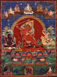 Rode Yamari geflankeerd door Virupa en Dombi Heruka