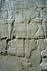 Reliëf van Ramses II offert aan de vruchtbaarheidsgod Min, Tempel van Amon, Karnak, Egypte