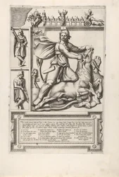 Reliëf met Mithras knielend op een stier en een zwaard in zijn schouder drijvend, links tw...