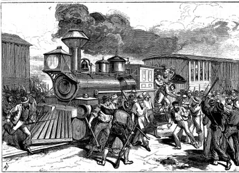 Rel door spoorwegarbeiders in Martinsburg op de Baltimore-Ohio Railroad, VS