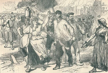 Relschoppers en petroleuses die openbare gebouwen in Parijs in brand steken tijdens de Parijse Commune, 1871