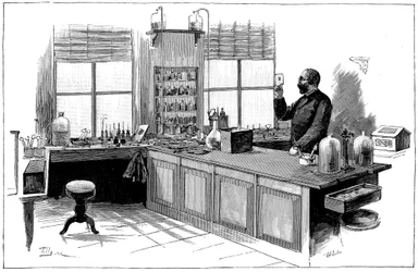 Robert Koch 1843-1910, Duitse bacterioloog en arts in zijn laboratorium