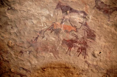 Rotstekeningen, Prehistorie: Rotsschildering van een groep vee en polychrome figuren (herders en boogschutters) in een versierde schuilplaats, in het Uweinat-massief, Soedan. Periode van 8000 tot 3000 jaar v.Chr. Fotografie