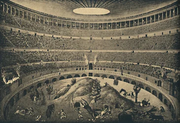 Rome - Colosseum - Reconstructie van een jacht op wilde dieren, 1910