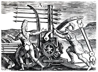 Romeinse soldaten die een oorlogsmachine gebruiken die meerdere pijlen afvuurt, 1605