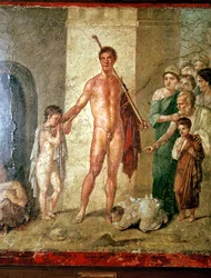 Romeinse muurschildering van Theseus na het doden van de Minotaurus, Pompeii