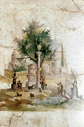 Romeinse muurschildering van een mythisch landschap, Villa van Agrippa Posthumus, nabij Pompeii, Italië