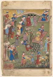 Koninklijk feest in een tuin recto van de dubbelpagina frontispice van een Shahnama..., 1444