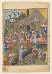 Koninklijk feest in een tuin, verso van rechter folio van de dubbelpagina frontispice..., c. 1440