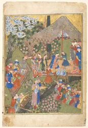 Koninklijke Ontvangst in een Landschap, rechterfolio van een dubbelbladige frontispice..., 1444