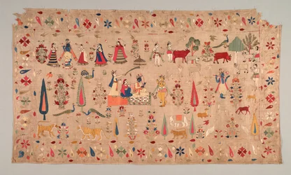 Rumal versierd met scènes uit het leven van Krishna, 1700s