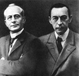 Russische dirigent Alexander Siloti en componist Sergei Rachmaninov