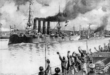 Russische kruiser op weg naar de Slag bij Chemulpo, Russisch-Japanse Oorlog, 1904-1905