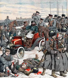 Russische generaal die de campagne vanuit zijn auto leidt, Russisch-Japanse oorlog, 1904