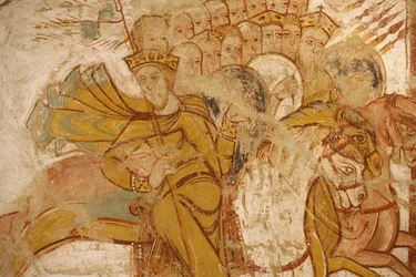 Saint-Savin abdij schilderij: koningen aangevallen door Abraham en zijn volgelingen, Saint-Savin-sur-Gartempe, Frankrijk