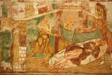 Saint-Savin sur Gartempes abdijkerk Schildering op het gewelf van het schip: Oude Testament scène met Noach, Saint-Savin, Frankrijk