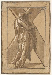 Sint Andreas staand in profiel met een groot kruis, uit een serie van twaalf apostelen, ca. 1540-50