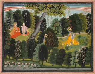Sakhi Overtuigt Radha om Krishna te Ontmoeten, uit de Lambagraon Gita Govinda..., ca. 1820-1825
