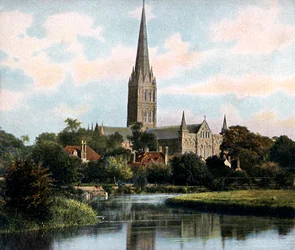 Kathedraal van Salisbury gezien vanaf de rivier de Avon, Salisbury, Wiltshire