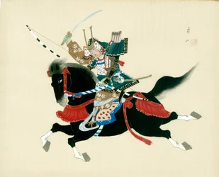 Samurai-krijger te paard. Een Japanse schildering op zijde, in traditionele Japanse stijl
