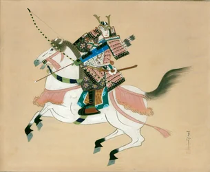 Samurai Krijger te paard. Een Japanse schildering op zijde, in traditionele Japanse stijl