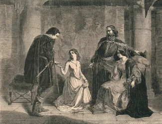 Scène uit Hamlet - Koning, Ophelia en Laertes, 1852
