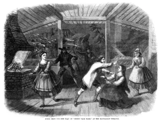 Scène uit het toneelstuk Sunny Vale Farm, uitgevoerd in het Haymarket Theatre, Londen, 1864