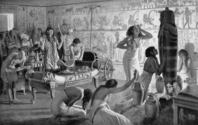 Rouwscène bij de dodentempel van Toetanchamon, Egypte, 1325 v.Chr. 1933-1934