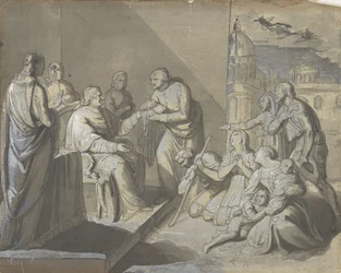 Scène met de Presentatie van een Heiligenrelikwie (recto), Hoofd van een Vrouw (verso)