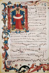 Partituur met verluchting in de Squarcialupi-codex, ca. 1410-1415