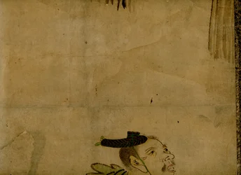 Schilderij op rol met een traditioneel Japans komisch duo bekend als manzai