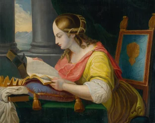 Zittende Heilige Catharina die studeert
