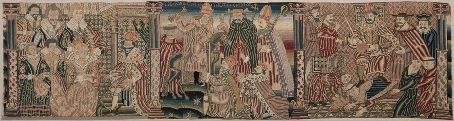 Sectie van een Geborduurde Fries: Ahasveros en Esther, De Paus die de Keizer Berispt, 1625-1649