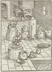 Scheiding van goud- en kwikertsen - Gravure uit Beschrijving van mineralen en de belangrijkste mijnbouwmethoden, van Lazarus Ecker