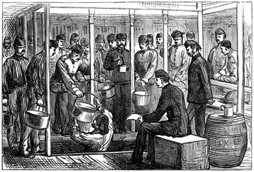Porter uitdelen op een troepenschip, 1878