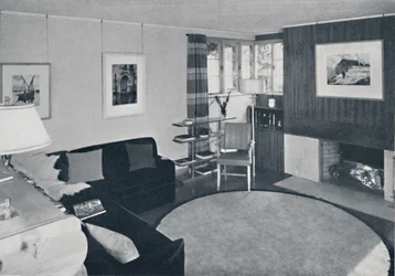 Sewall Smith. Woonkamer in het huis van de architect zelf in Niagara Falls, N.Y., in een turquoise, koraal