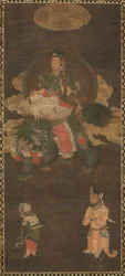 Shakyamuni Triade: Boeddha bijgestaan door Manjushri en Samantabhadra Bodhisattva met Leeuw, late 1300s