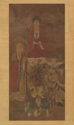 Shakyamuni met luohan, hemelse koning en jongens, begin 17e eeuw