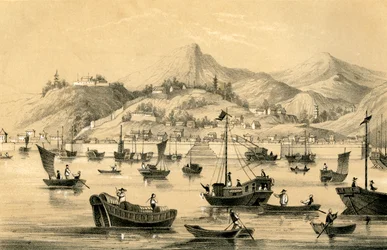 Shanghai, een van de vijf havens die door het laatste verdrag zijn opengesteld voor Britse handel, 1847