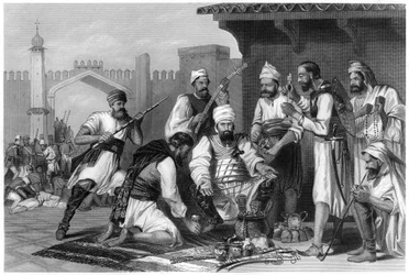 Sikh troepen verdelen de buit van muiters, 1857, c1860
