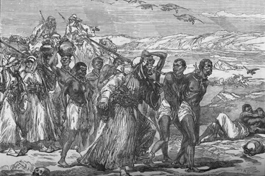 Slavenkaravaan die de Afrikaanse woestijn oversteekt, ca. 1881-85