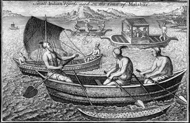 Klein vaartuig gebruikt aan de kust van Malabar Cochin, India, c18e eeuw