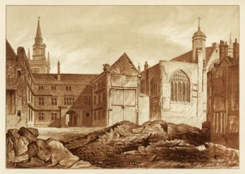 Zuidoostelijke aanblik van Guildhall Chapel en Blackwell Hall, City of London, 1886