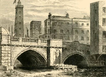 Zuidkant van de oude London Bridge, met Shot Tower en St. Olaves Church