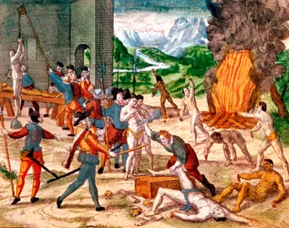 Spaanse conquistadores martelen Amerikaanse indianen, 1539-1542